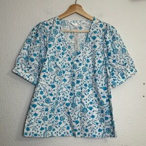 Draper James V-Neck Puff Short Sleeve Top Womens XS Blue Floral Cottagecore NWT